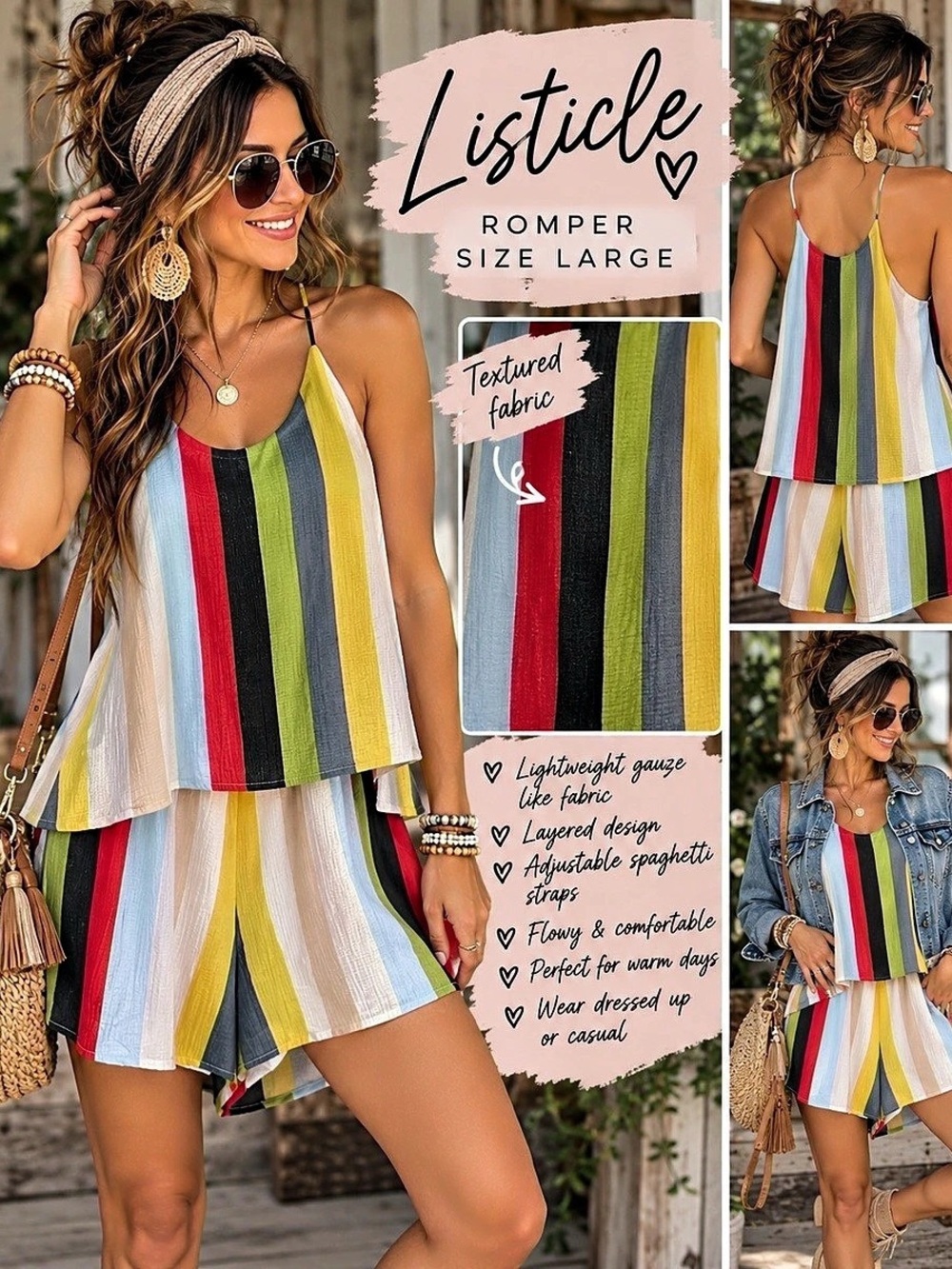 Listicle Multicolor Striped Halter Neck Romper Large